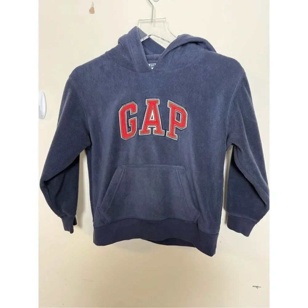 Gap Kids Boys Hoodie Size Small Navy Blue, Red Logo Fleece Lined Sweatshirt Pock